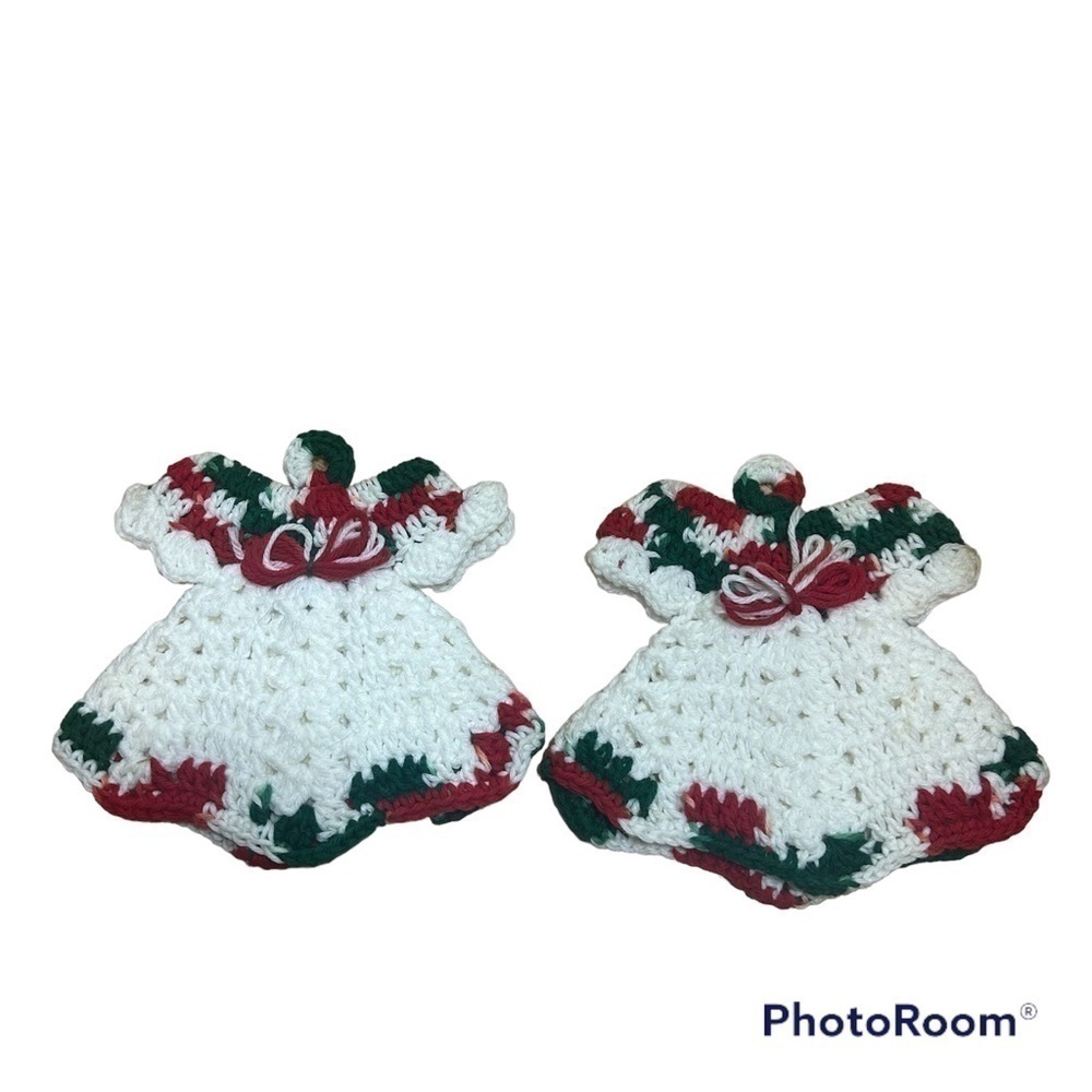 Vintage Crochet Angel Potholder Bundle Christmas White Red Green Kitchen